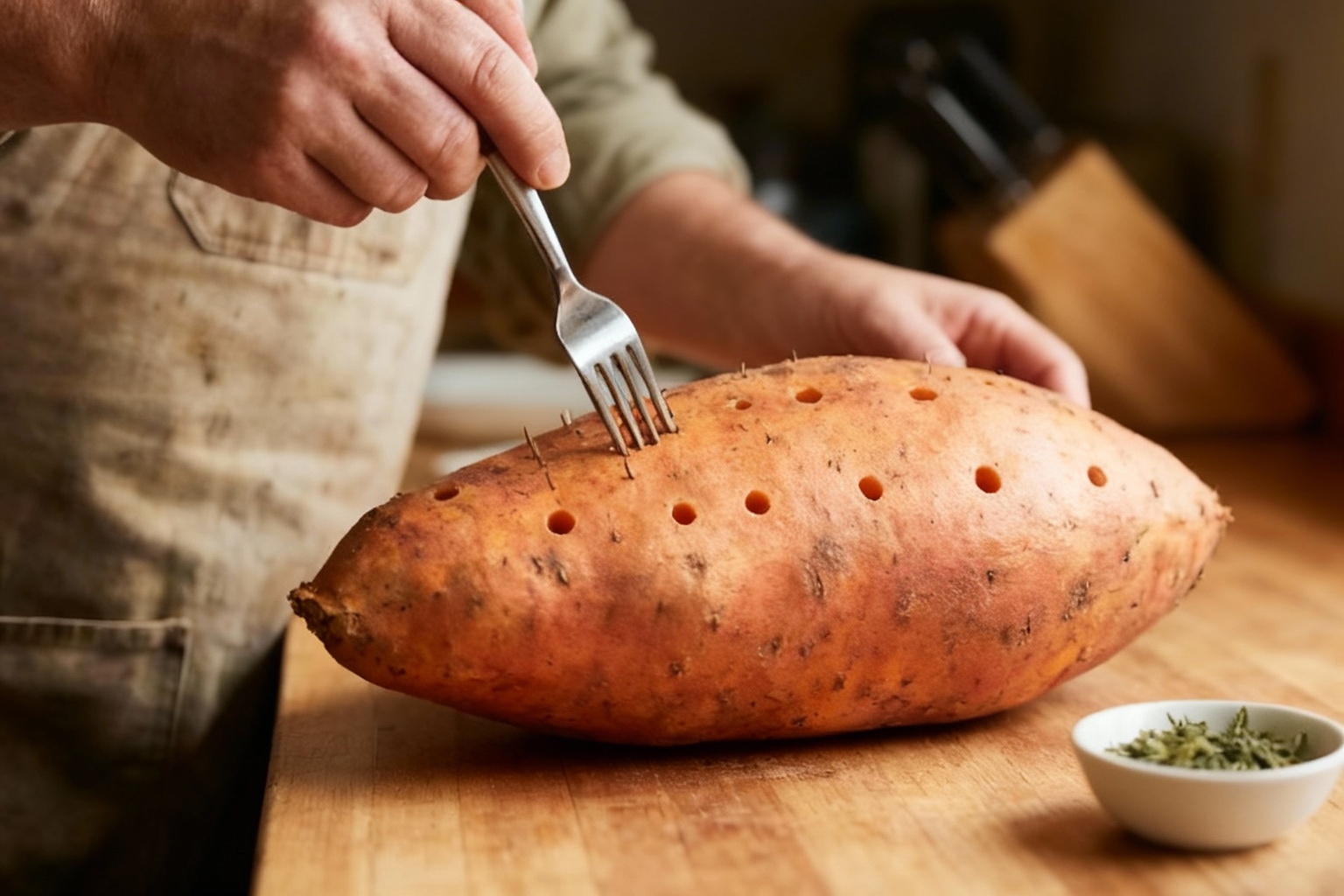 Close up of a sweet potato being pricked with a fork, demonstrating the even spacing of the holes, natural lighting